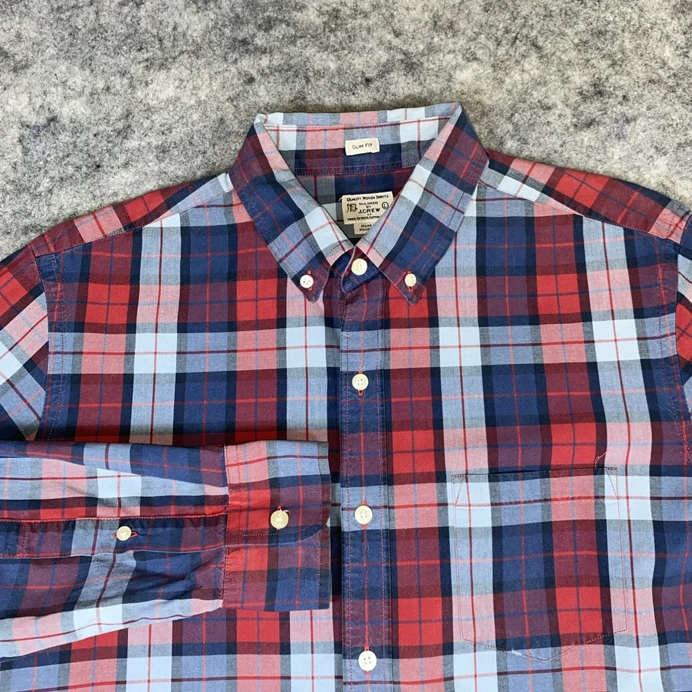 J. Crew‎ Button Down Shirt Men's Large Blue Plaid Casual Preppy Pocket Slim Fit